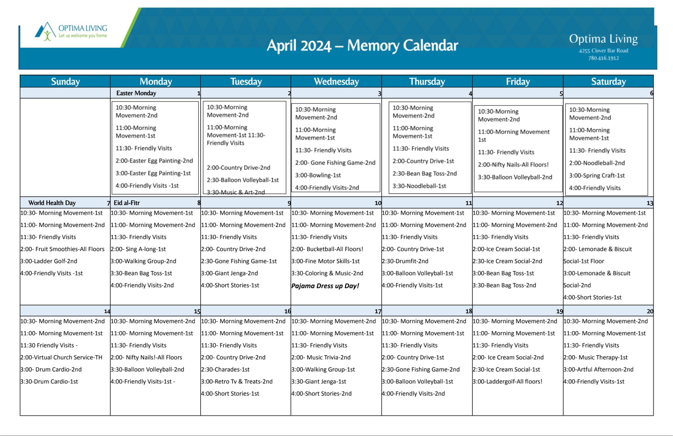 Summerwood Village April 1-20 2024 Memory Care event calendar