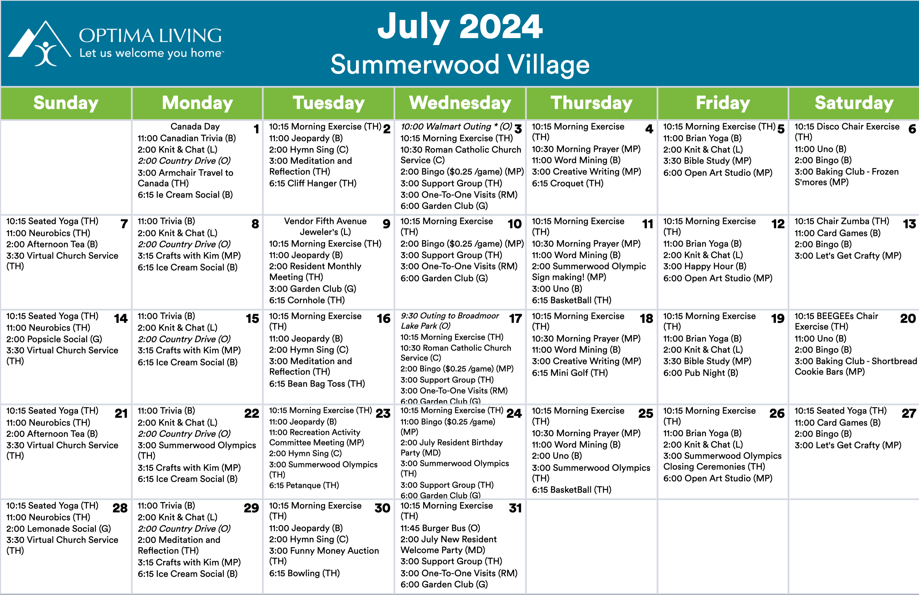 Summerwood Village July 2024 event calendar