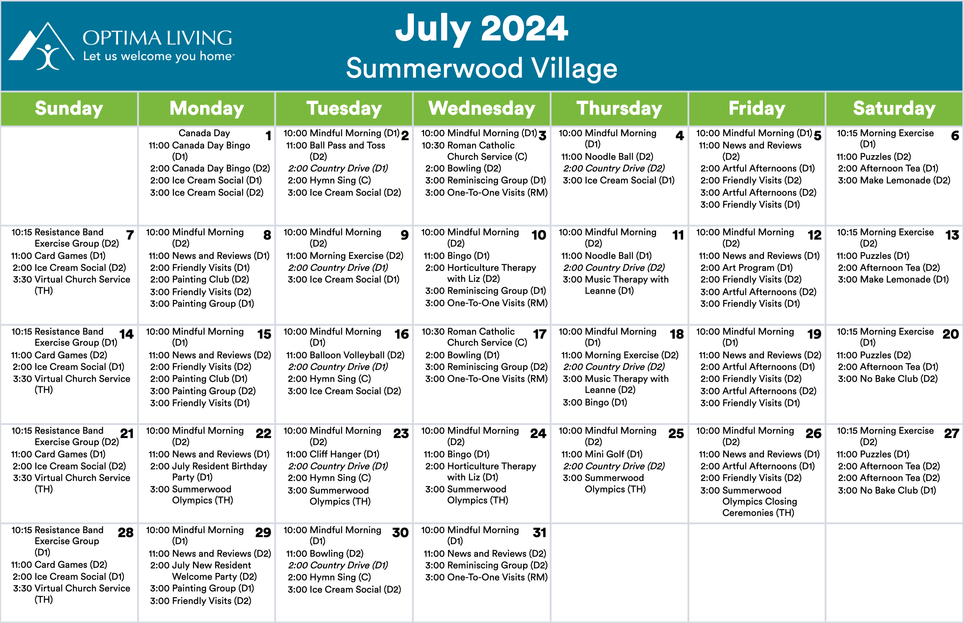 Summerwood Village Memory Care July 2024 event calendar